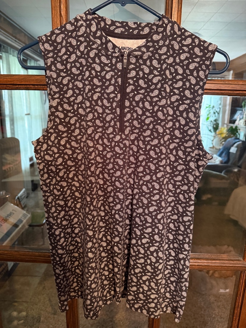 Lands End Womens Navy Paisley Quarter Zip Sleeveless Mock Neck Top Size M 10-12